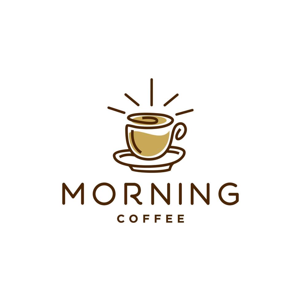 Morgen Kaffee Cafe Logo. Kaffee Sonnenaufgang Sonnenuntergang Tee Morgen Linie Gliederung Logo mit Becher und Tasse ebenfalls Sonne Hipster Logo Symbol Design zum Cafe , Restaurant Cafetaria Illustration vektor