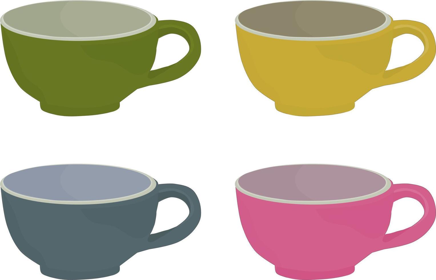 Vektor Illustration von bunt Kaffee Tassen isoliert auf Weiß transparent Hintergrund. Grün Gelb Blau Rosa Tassen.