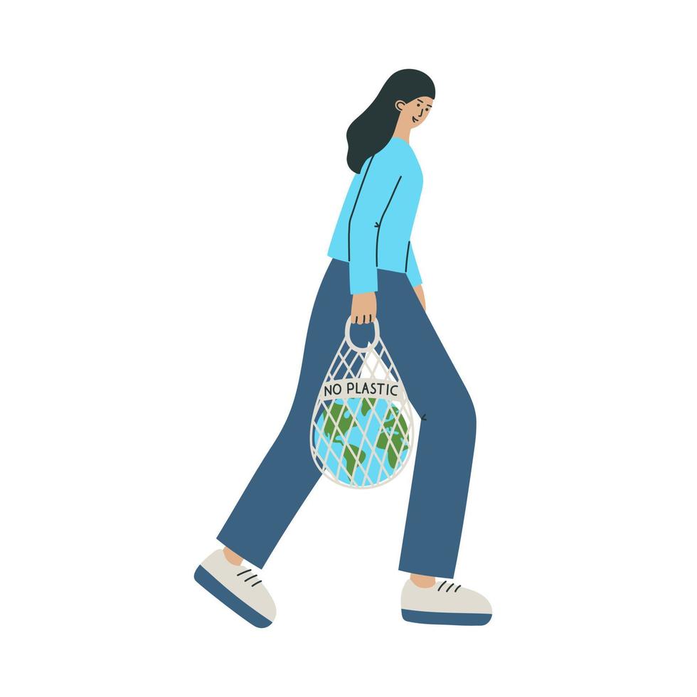 Vektor Illustration mit Mädchen halten Netz Tasche mit Planet Erde und Phrase Nein Plastik. Erde Tag Design