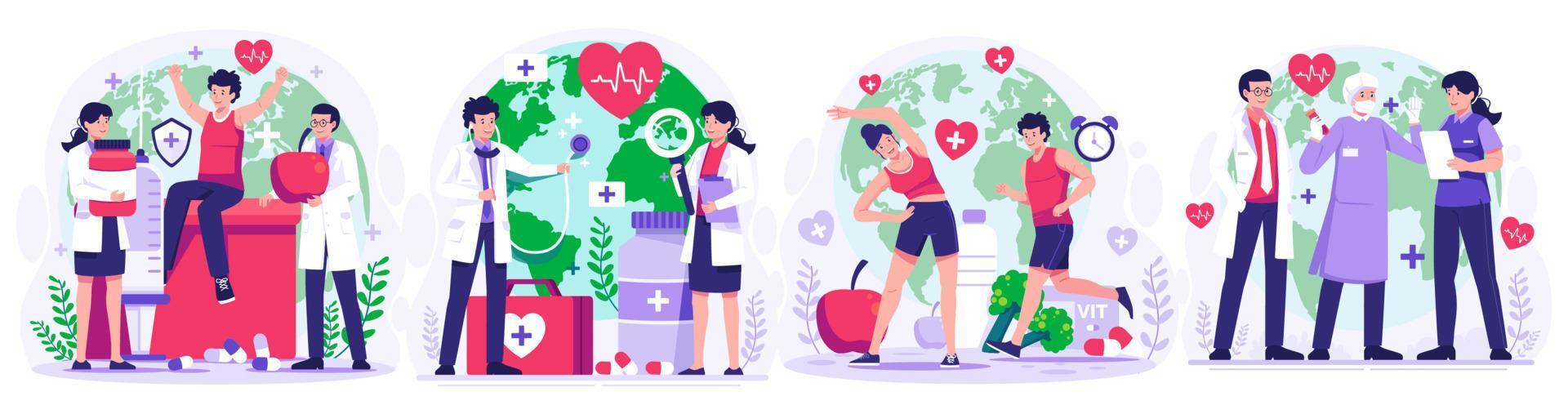 illustration uppsättning av värld hälsa dag begrepp med grupp av personal medicinsk doktorer och sjuksköterskor, människor levande friska aktivitet, person joggning, cykling, yoga. vektor illustration