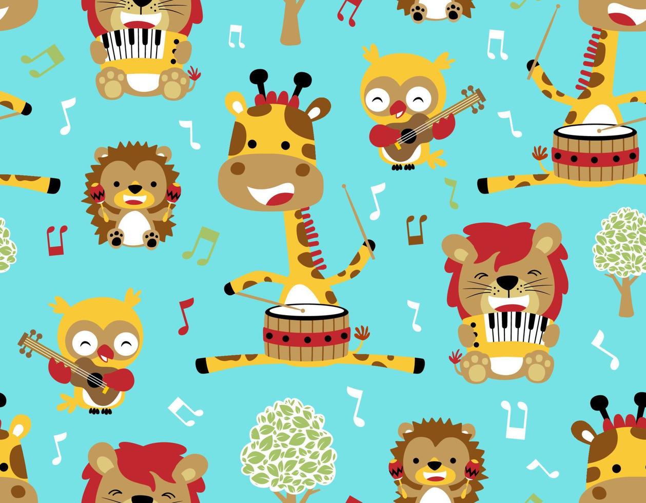 sömlös mönster vektor med grupp av djur tecknad serie spelar musikalisk instrument
