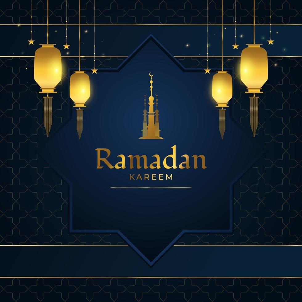 Ramadan Kareem Banner oder Grußkarte mit goldenen arabischen Laternen, Sternen und goldenem Moscheeturm auf blauem Papierschnitthintergrund vektor