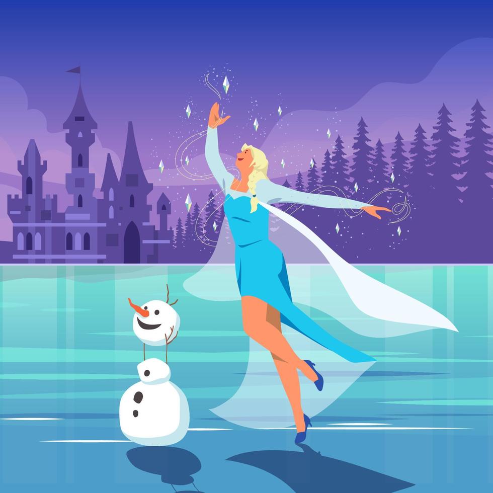 snö prinsessa skridskoåkning med söt snögubbe vektor