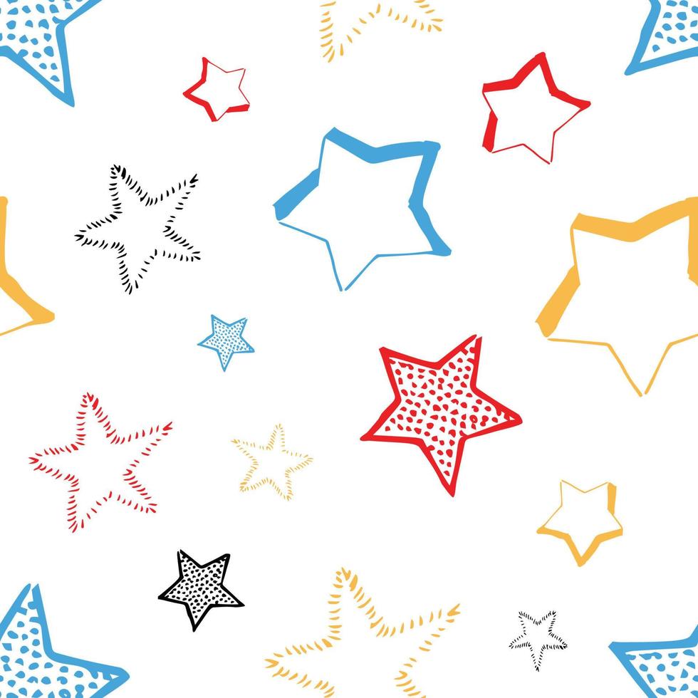 nahtloser hintergrund von gekritzelsternen. mehrfarbige handgezeichnete Sterne auf weißem Hintergrund. Vektor-Illustration vektor