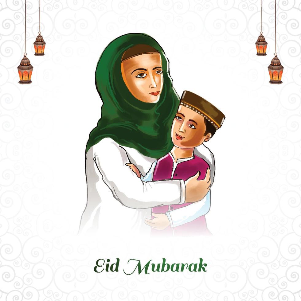 schön Muslim Frauen und Kind umarmen und wünsche eid Mubarak Karte Hintergrund vektor