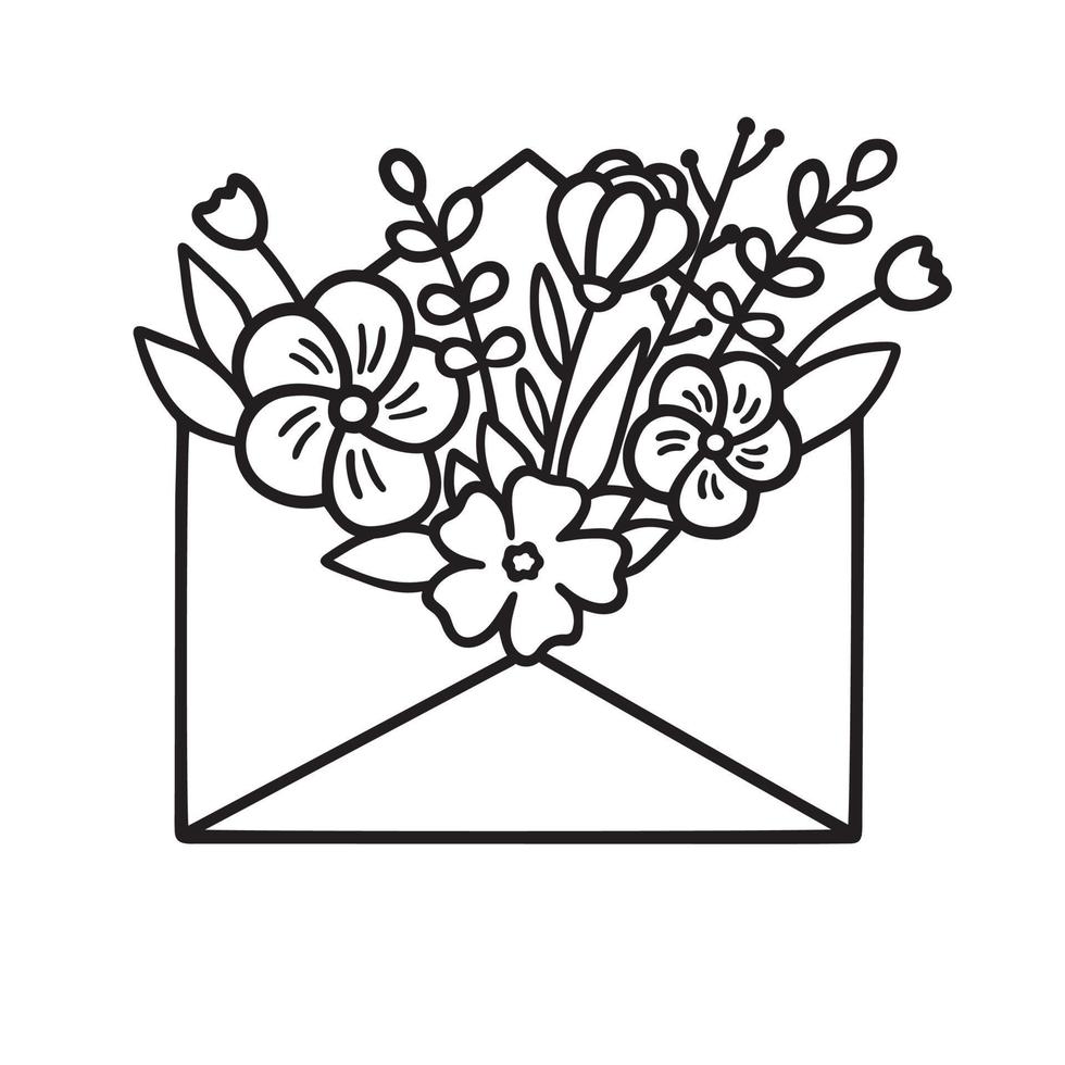 Frühling Strauß von Blumen im ein Umschlag. Karte mit Blumen im Gekritzel Stil. Hand gezeichnet Vektor Illustration isoliert auf Weiß Hintergrund