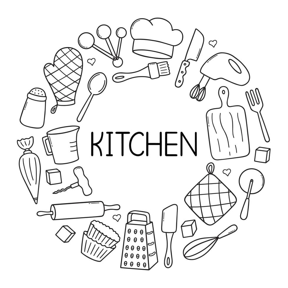 kök verktyg klotter uppsättning. matlagning redskap i skiss stil. hand dragen vektor illustration isolerat på vit bakgrund