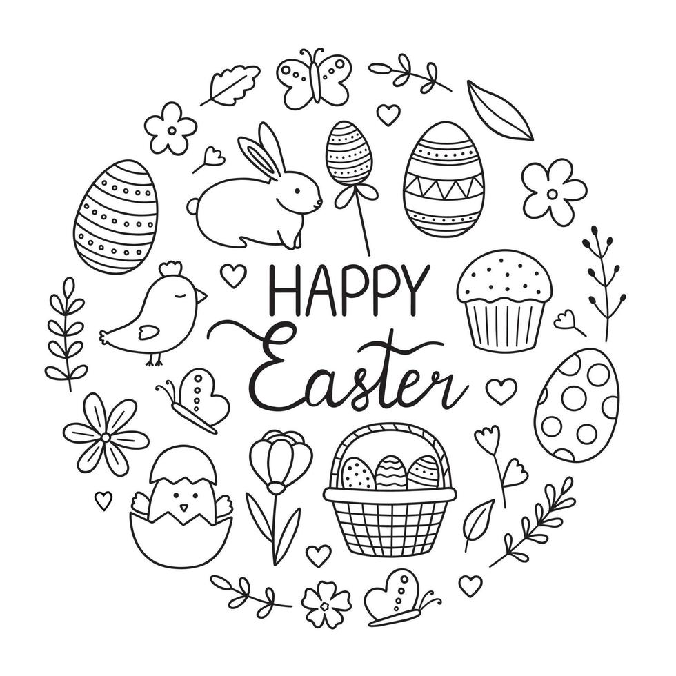 Lycklig påsk klotter uppsättning. påsk kanin, fjärilar, brud, ägg, grenar, blommor i skiss stil. vektor illustration isolerat på vit bakgrund.