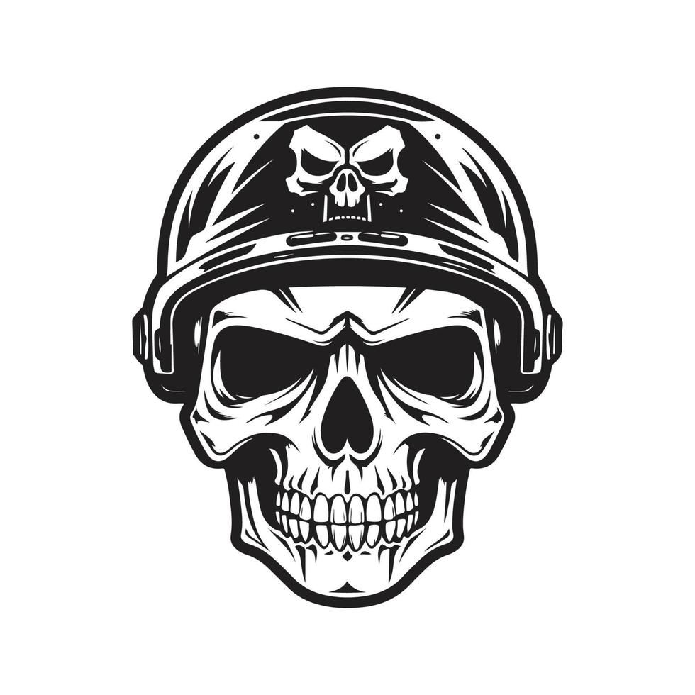 Schädel mit Militär- Helm, Logo Konzept schwarz und Weiß Farbe, Hand gezeichnet Illustration vektor