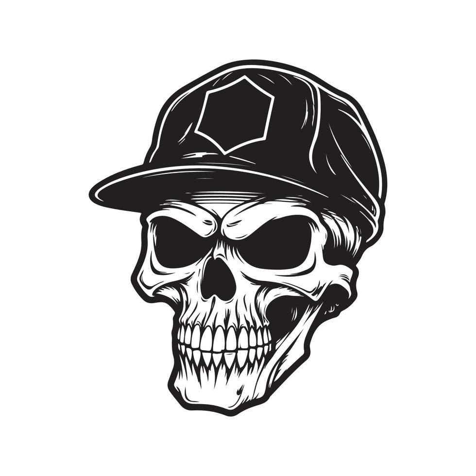 skalle med keps, logotyp begrepp svart och vit Färg, hand dragen illustration vektor