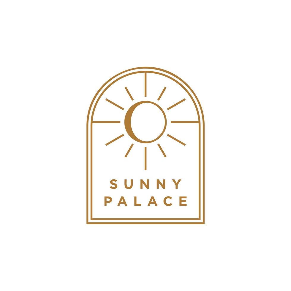 Sonne Logo mit Bogen Fenster, Boho Stil Sonnenuntergang Sonnenaufgang mit Strand Ozean Meer Wasser Logo Symbol Vektor im modisch Linie linear, abstrakt Gliederung Logo Vektor zum Hotel oder Spa