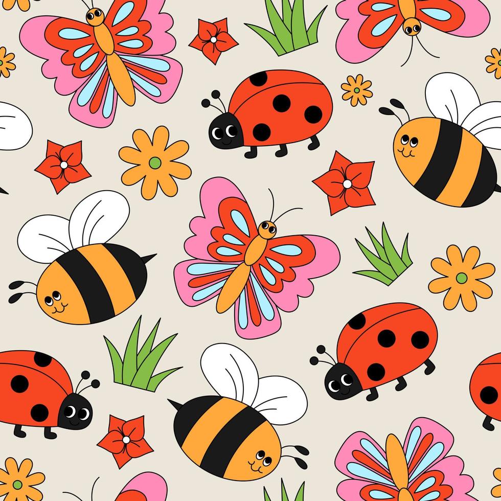 sömlös mönster med insekter, blommor och gräs. fjäril, nyckelpiga och bi. vår, sommar trädgård begrepp. retro stil tecknad serie vektor illustration