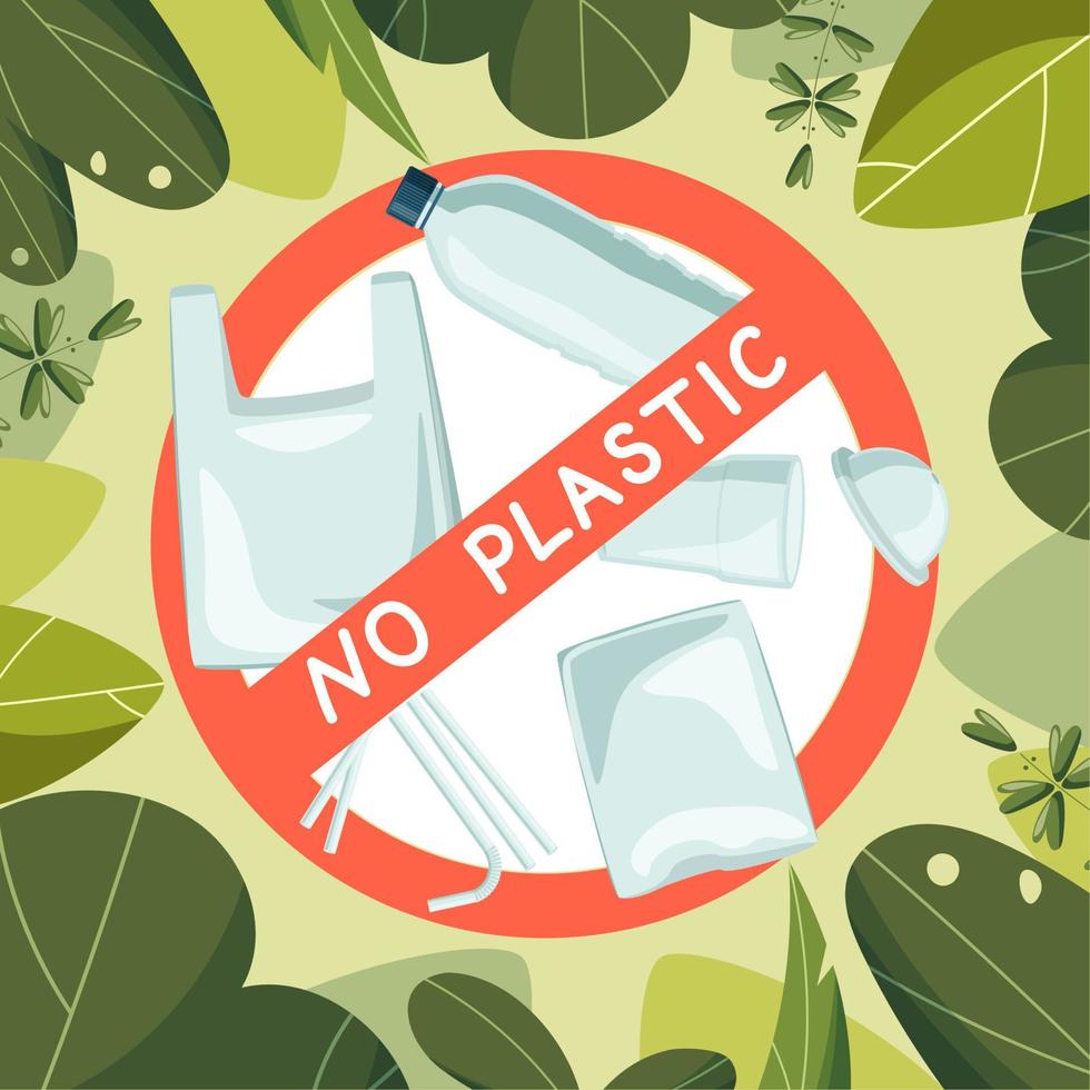 Nein Plastik Signal, Protest gegen Plastik Abfall. gerahmt mit hell Grün Blätter. vektor