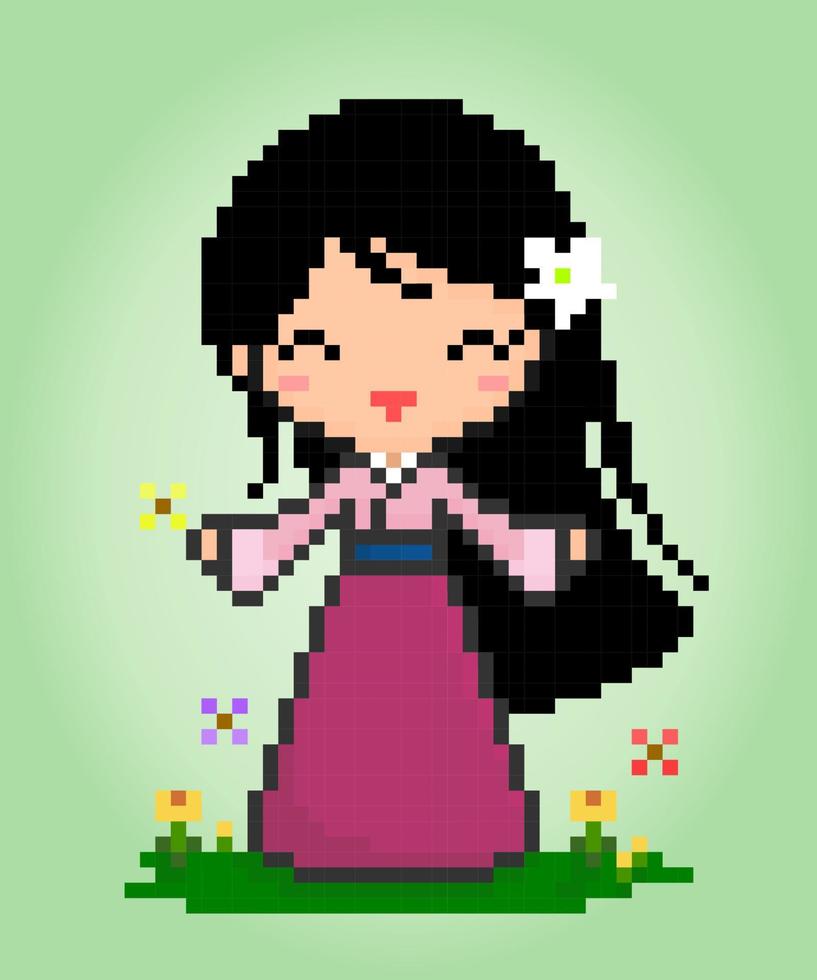 8 bitars pixlar kvinnor bär hanfu-klänningar. kinesiska flickor i vektorillustrationer för speltillgångar eller korsstygnsmönster. vektor