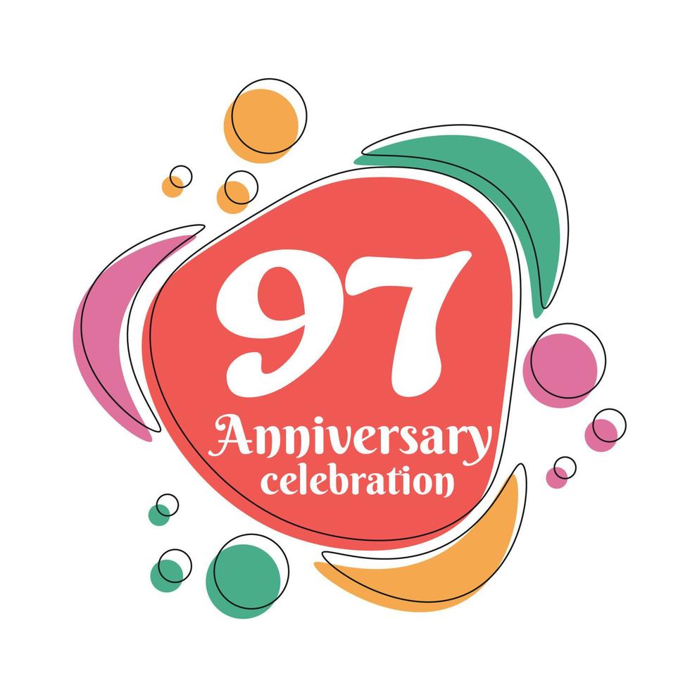 97 Jahrestag Feier Logo bunt Design mit Luftblasen auf Weiß Hintergrund abstrakt Vektor Illustration