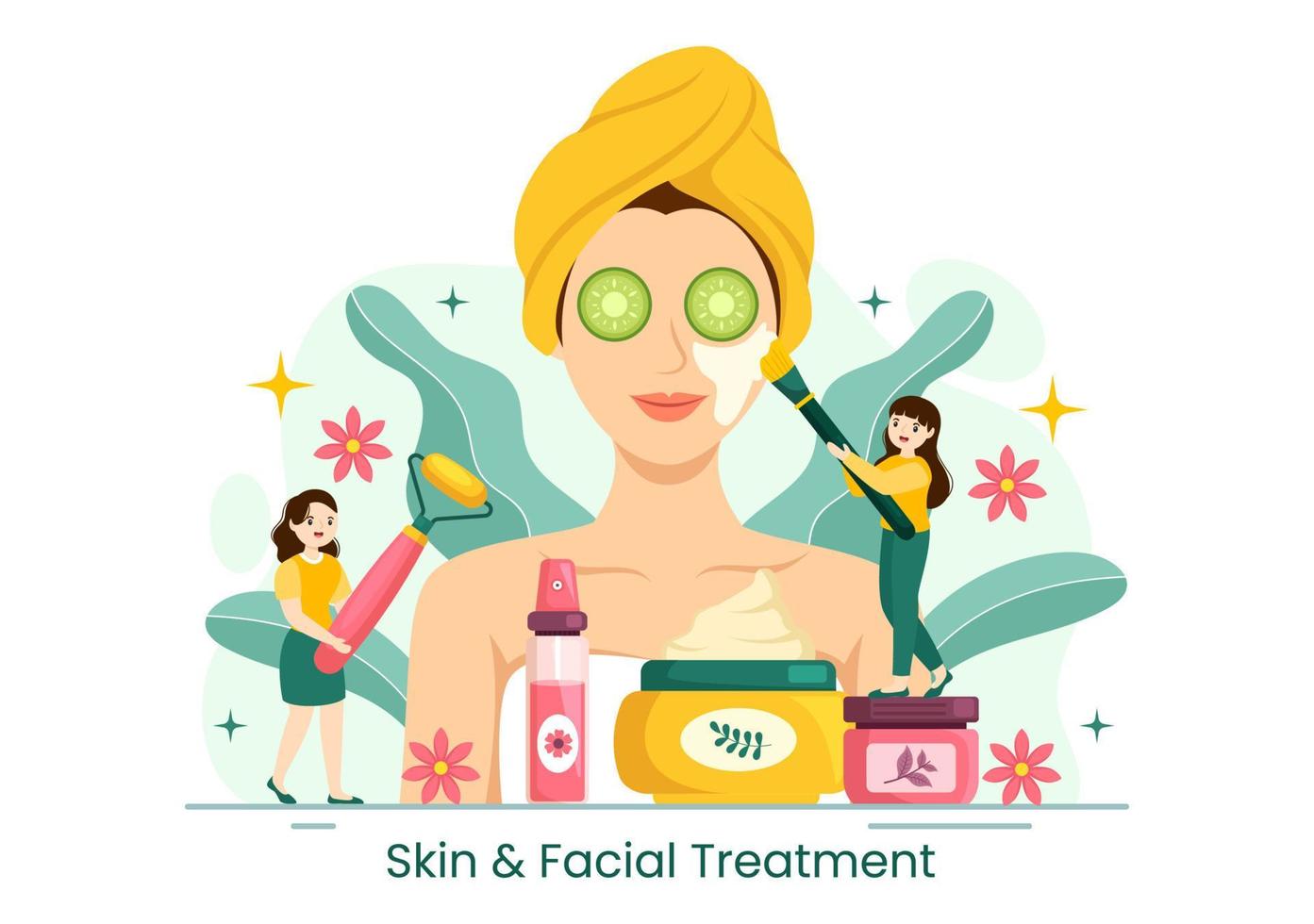 ansiktsbehandling och hud behandling illustration med kvinnor hud vård, anti ålder procedur, massage eller spa wellness i platt tecknad serie hand dragen mallar vektor