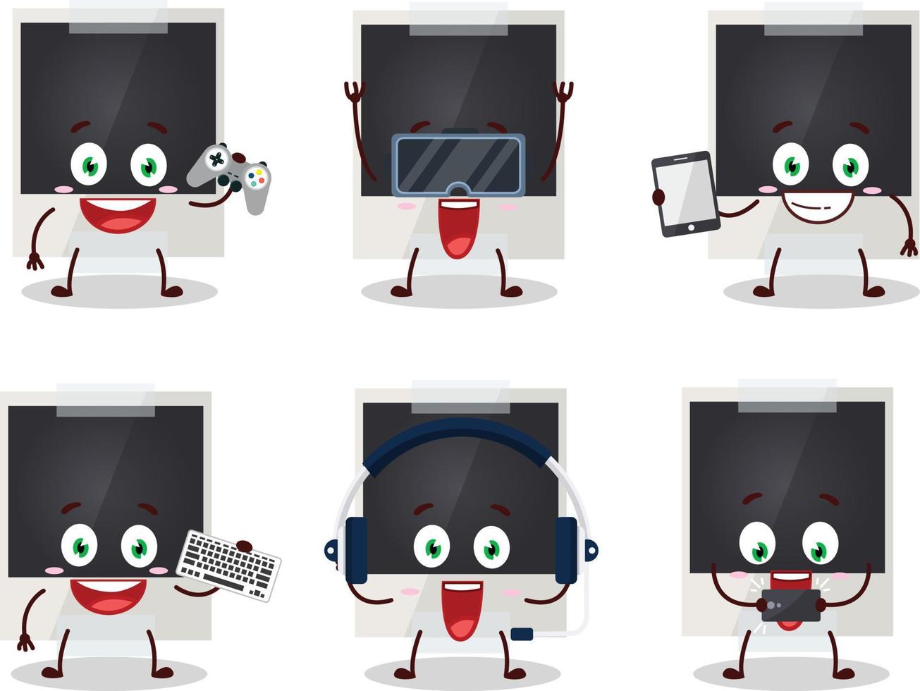 schwarz Polaroid Karikatur Charakter sind spielen Spiele mit verschiedene süß Emoticons vektor