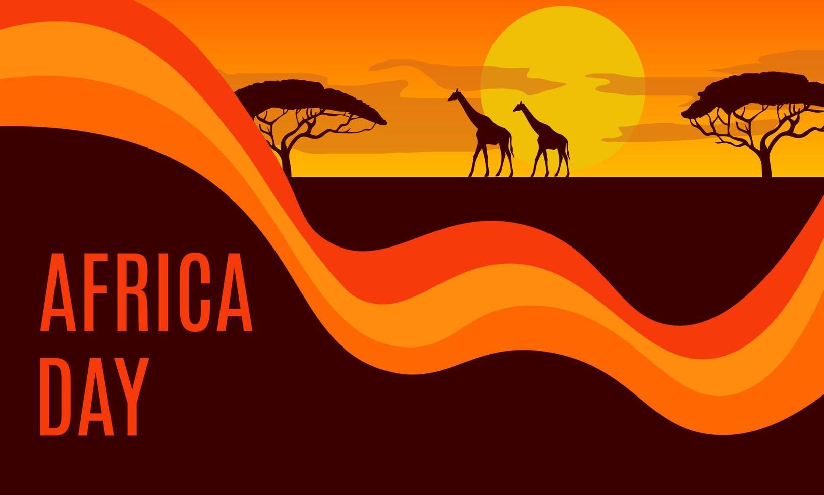 Afrika Tag. Silhouette von Giraffe und Bäume im Savanne. Vektor Afrika Tag Karte.