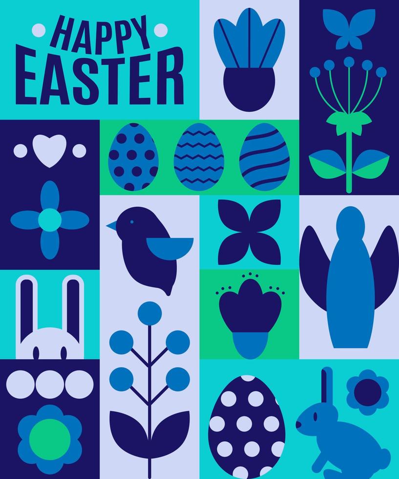 Lycklig påsk. geometrisk abstrakt stil. påsk ägg, kanin., blommor, fågel, ängel. blå färger vektor