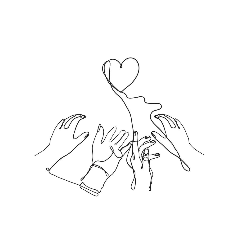 kontinuierlich Linie Zeichnung Hände von Menschen erreichen zum Liebe zusammen Illustration vektor