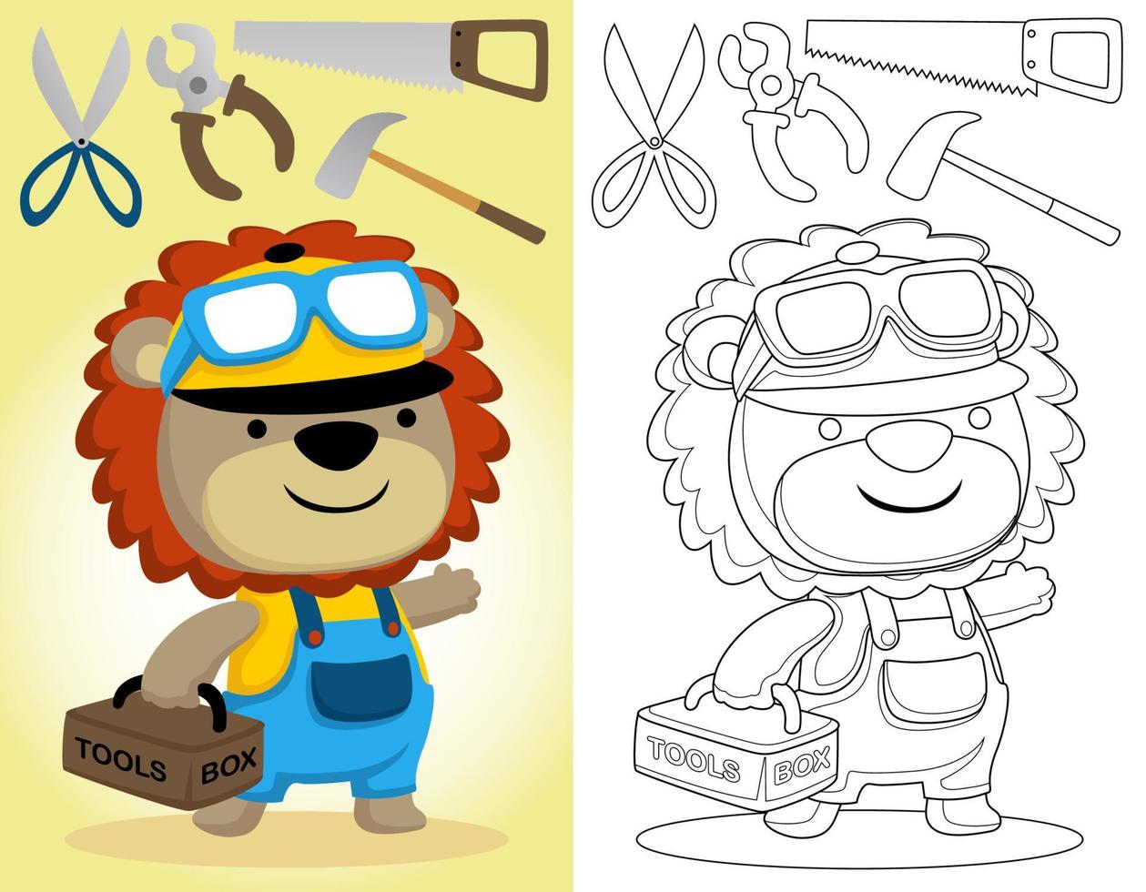 färg bok eller sida av rolig lejon tecknad serie i byggare kostym bärande verktygslåda med arbetstagare verktyg vektor