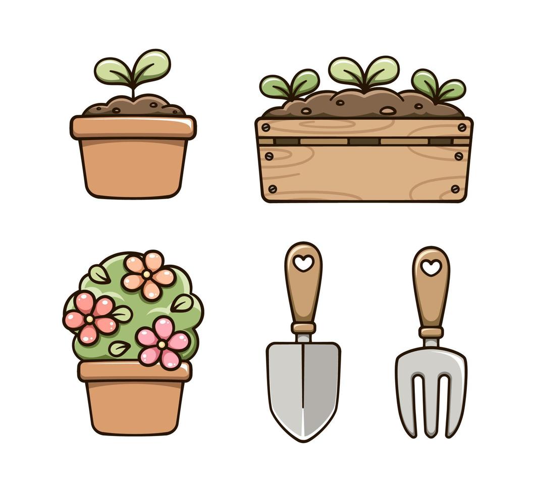 trädgårdsarbete ClipArt uppsättning. inomhus- hus växter och verktyg. söt vår sommar digital klistermärken tecknad serie illustration. vektor