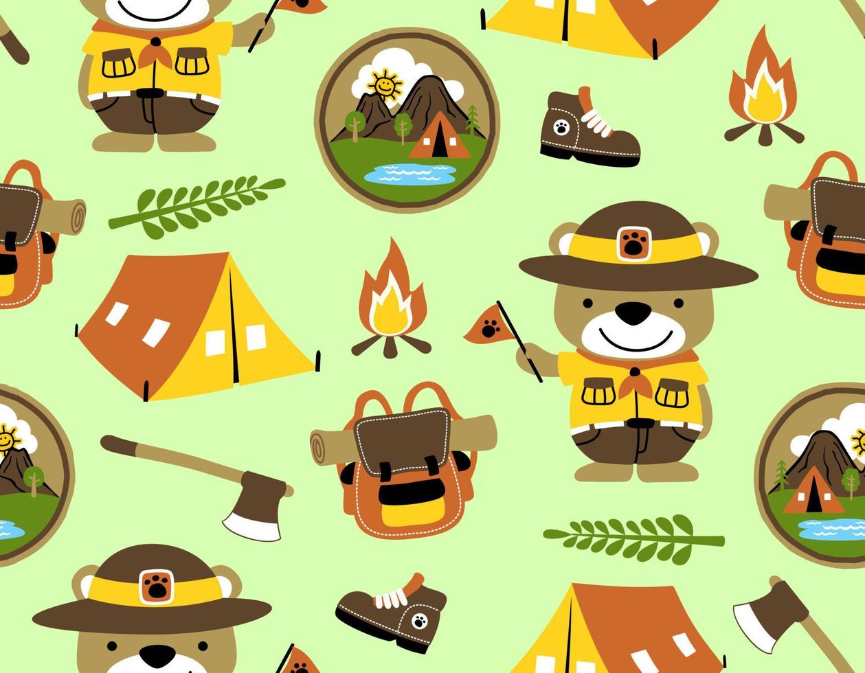 nahtlos Muster Vektor von komisch Bär Karikatur im erkunden Kostüm, Camping Element Illustration