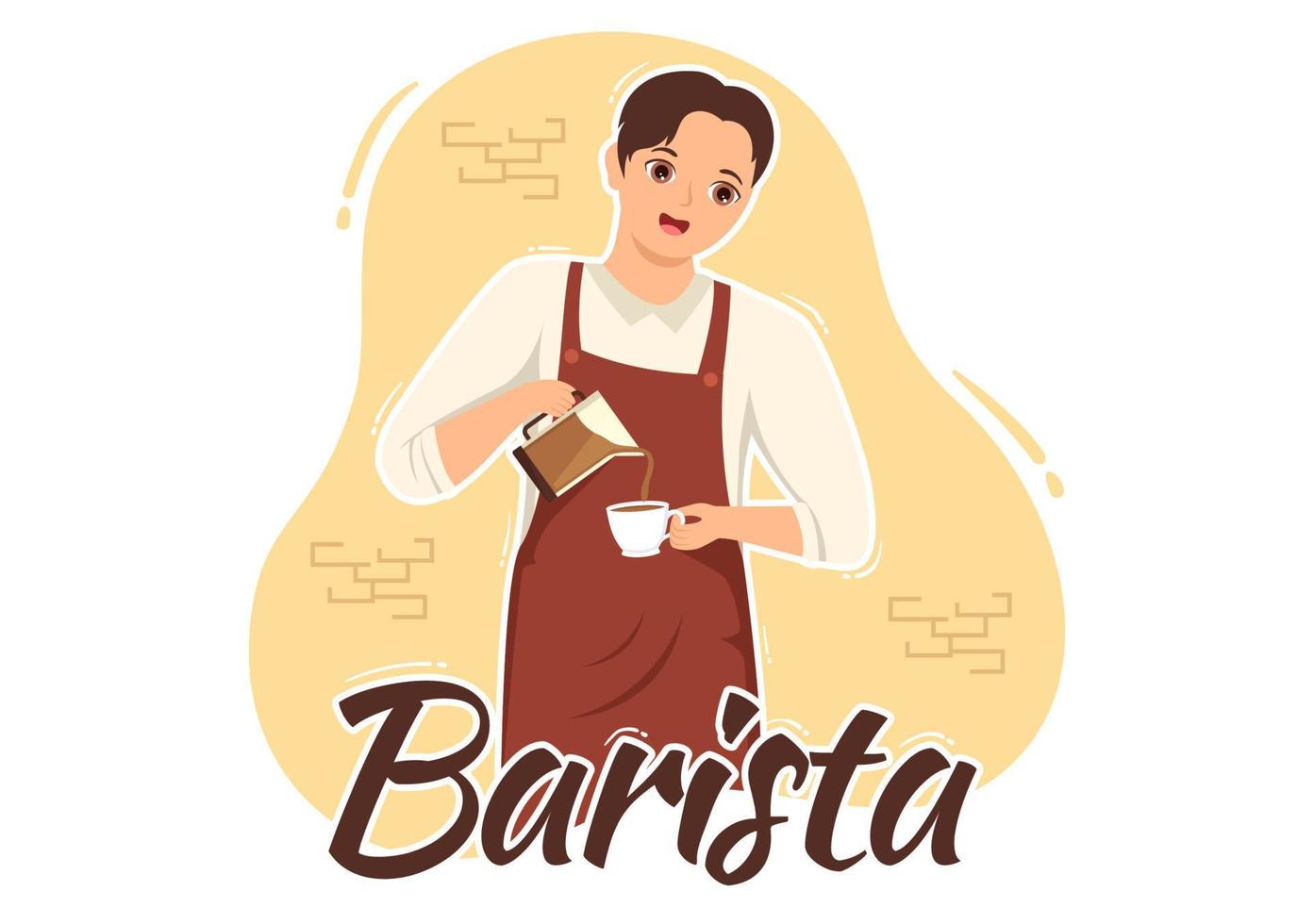 Barista illustration med bär stående förkläde framställning kaffe för kund i platt tecknad serie hand dragen landning sida eller webb baner mall vektor