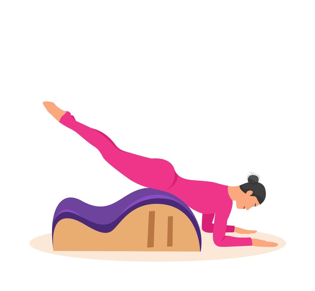 Frau tun Pilates mit Ausrüstung. Ausrüstung - - zurück Korrektor zum Pilates. Vektor Illustration