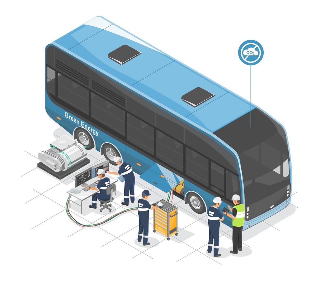 Transport Grün Energie Ökologie niedrig Emission Stadt Bus Entwicklung Ingenieur Mannschaft elektrisch und Wasserstoff Leistung isometrisch isoliert Vektor