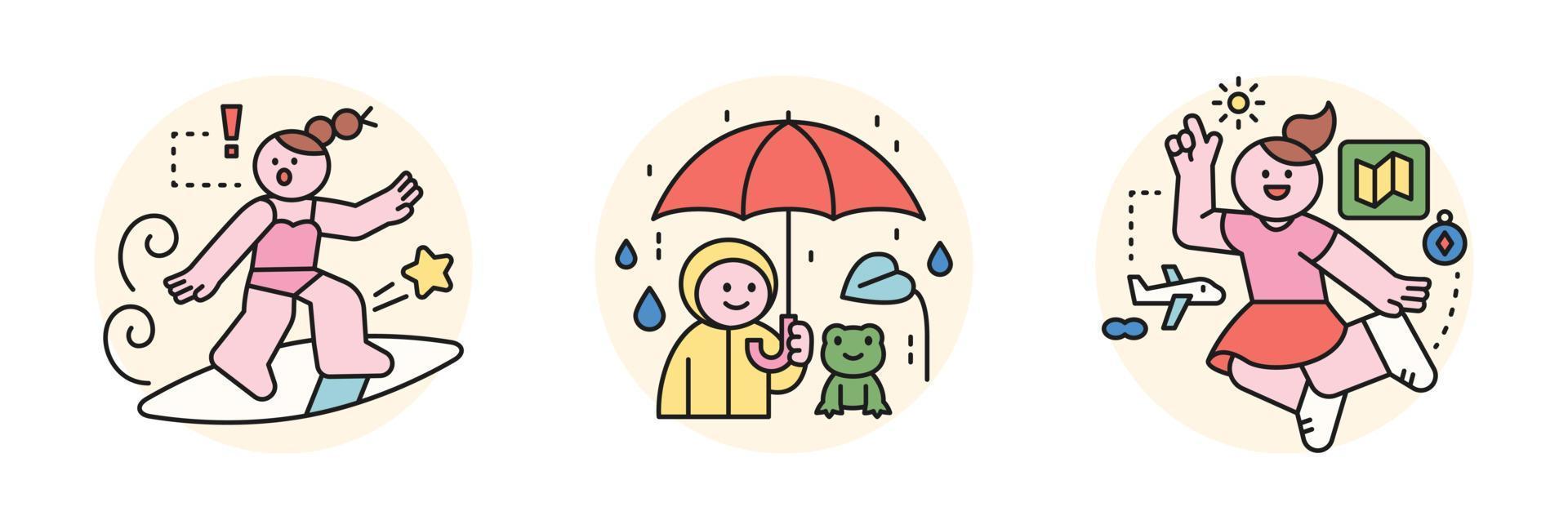 människor njuter sommar. en flicka surfing, en pojke och en groda med ett paraply i de regnig säsong, och en flicka Hoppar upprymd på ett utomlands resa. vektor