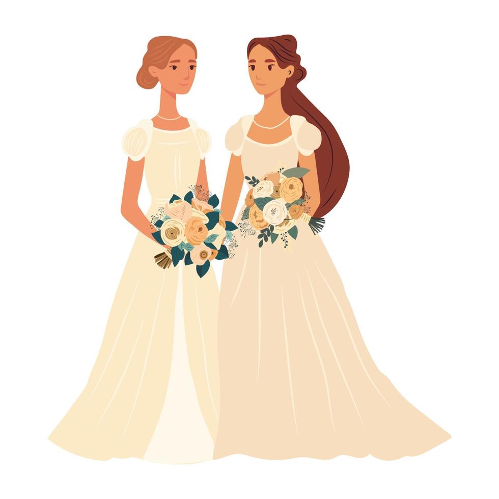 Ehe eines lesbischen Paares. homosexuelle hochzeit. Bräute im Kleid lgbt Jungvermählten. flache vektorillustration lokalisiert auf weißem hintergrund vektor