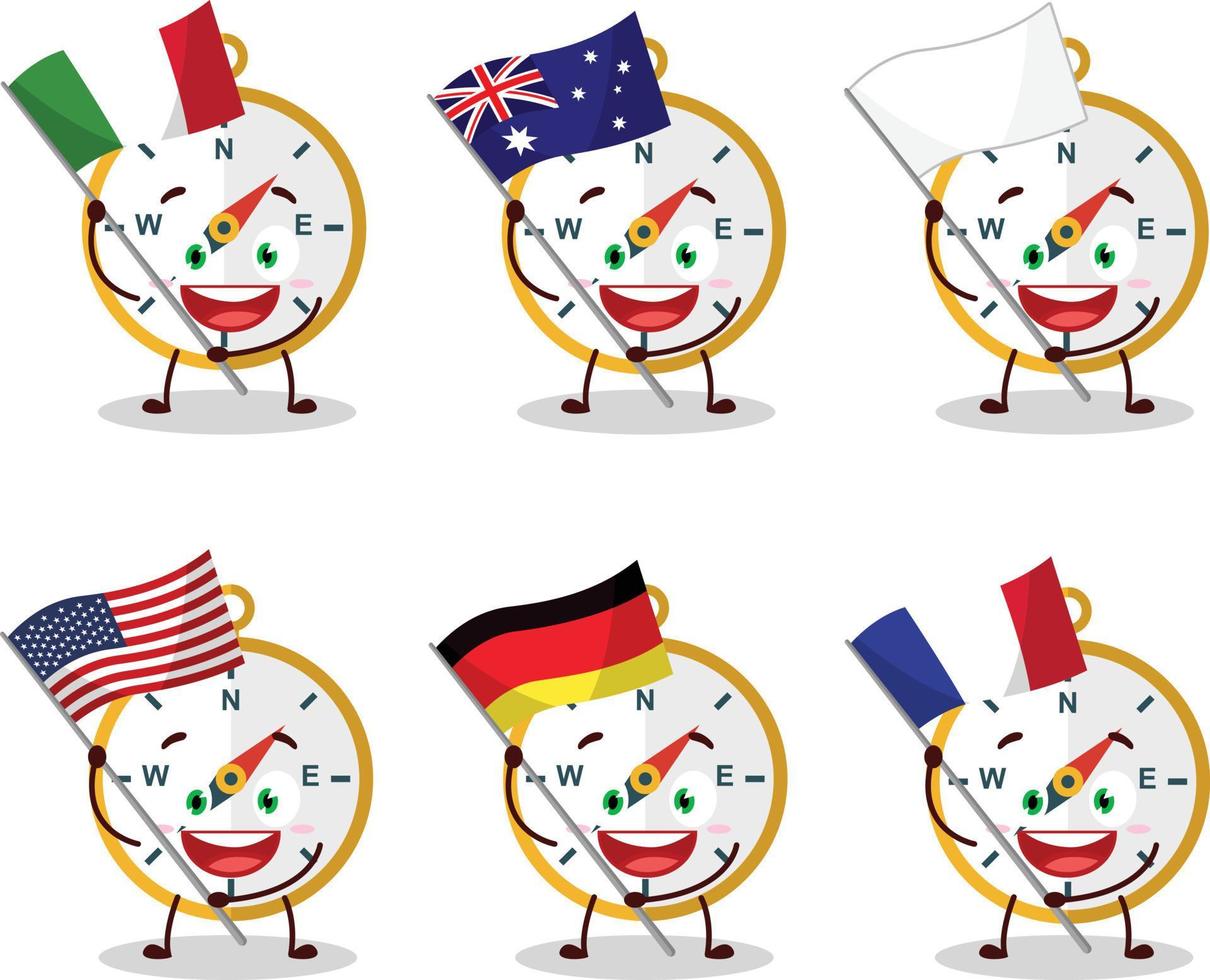 Kompass Karikatur Charakter bringen das Flaggen von verschiedene Länder vektor
