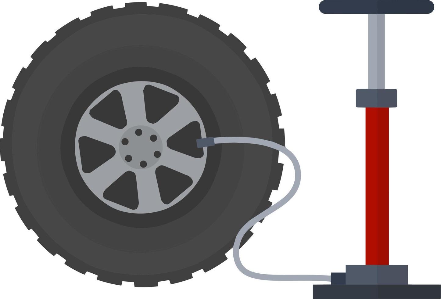 tömd bil däck. olycka och reparera. punkterad hjul av bil. röd pump till öka luft tryck. däck service station. tecknad serie platt illustration vektor