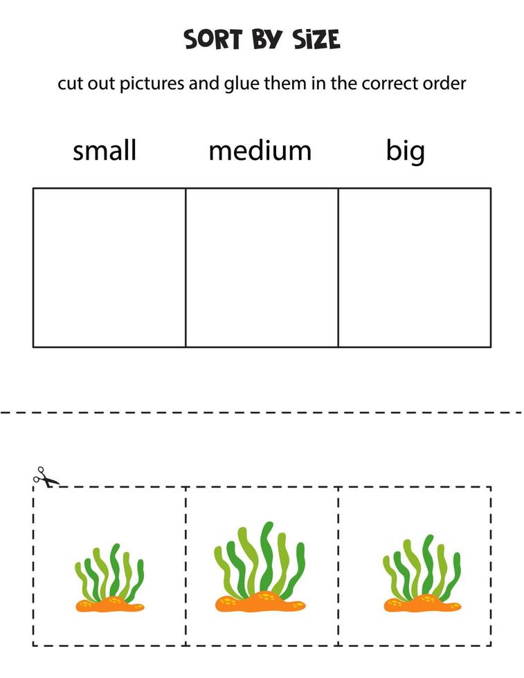 sortera söt tecknad serie hav ogräs förbi storlek. pedagogisk kalkylblad för ungar. vektor