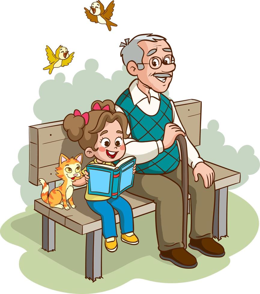 barn läsning en bok Sammanträde på de bänk med hans farfar vektor
