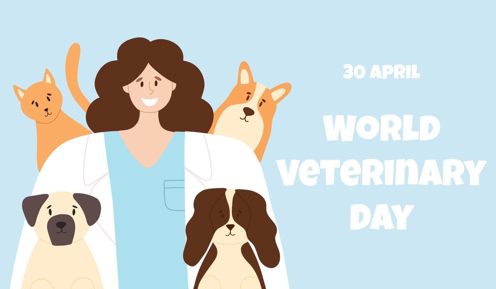glücklich Tierarzt mit glücklich Katze und Hunde. Tier Pflege Vektor Illustration. eben Stil. Mädchen Veterinär arzt.bannr zu Welt Veterinär Tag.