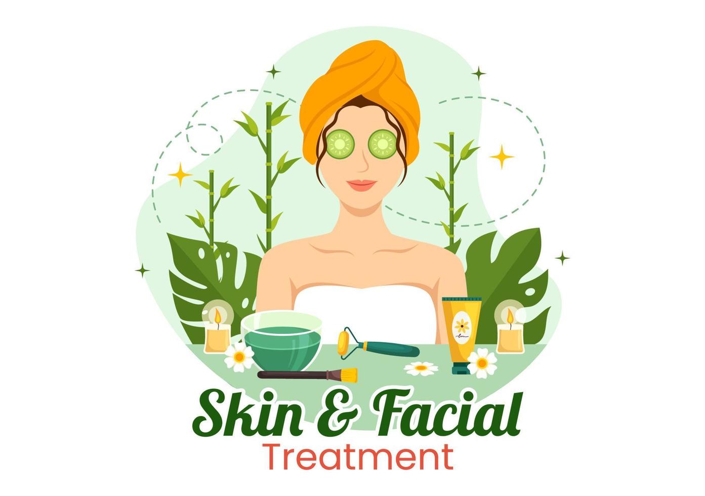 ansiktsbehandling och hud behandling illustration med kvinnor hud vård, anti ålder procedur, massage eller spa wellness i platt tecknad serie hand dragen mallar vektor
