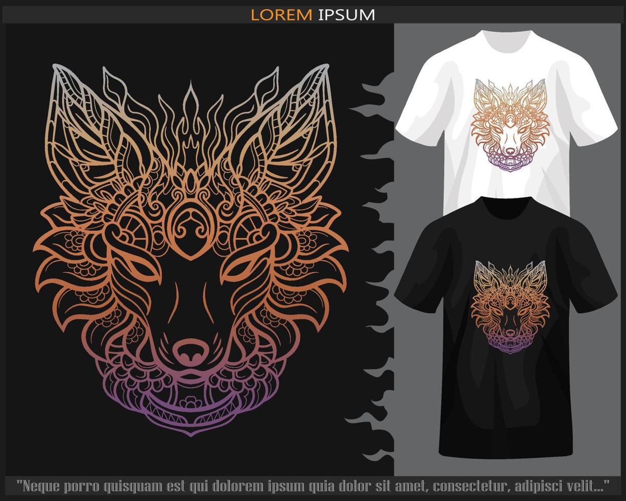 färgrik lutning kitsune huvud mandala konst isolerat på svart och vit t-shirt. vektor
