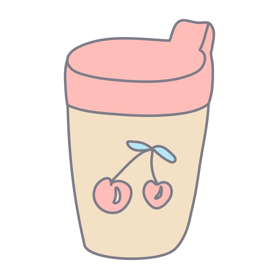 sippy Tasse dekoriert mit Kirschen im Farbe Gekritzel Stil. Trinken Tasse zum Kleinkinder. Baby Pflege und Fütterung Thema. eben Stil mit Umriss. Hand gezeichnet Vektor Illustration isoliert auf Weiß Hintergrund