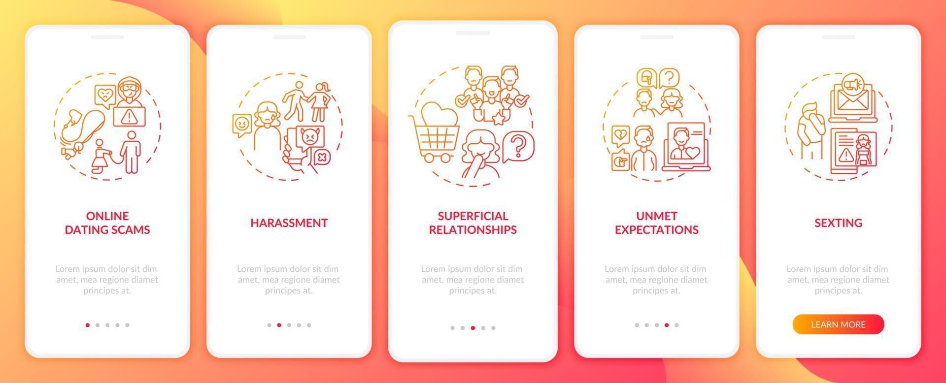 Online-Dating Belästigung Onboarding Mobile App Seite Bildschirm mit Konzepten. vektor