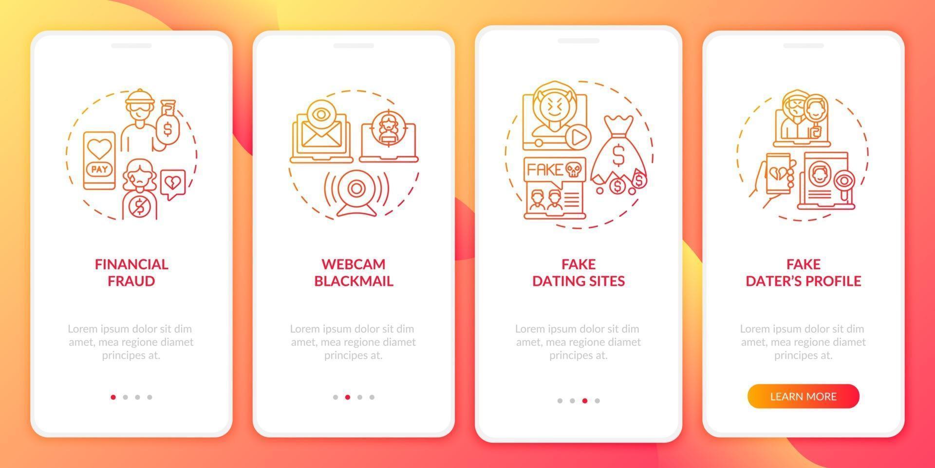 Online-Dating-Risiken Website Onboarding Mobile App Seite Bildschirm mit Konzepten. vektor