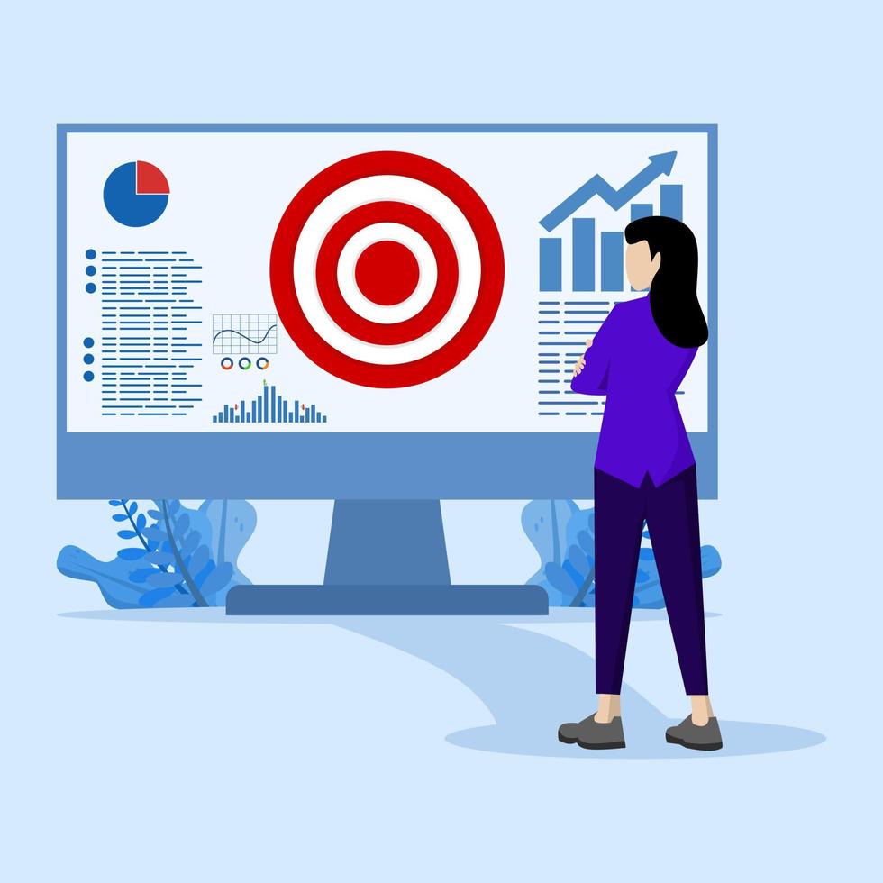 digital targeting marknadsföring strategi begrepp, företag mål, börja projekt mål. kvinna ser på dator skärm med skytte mål och pil i de mitten. modern platt vektor illustration