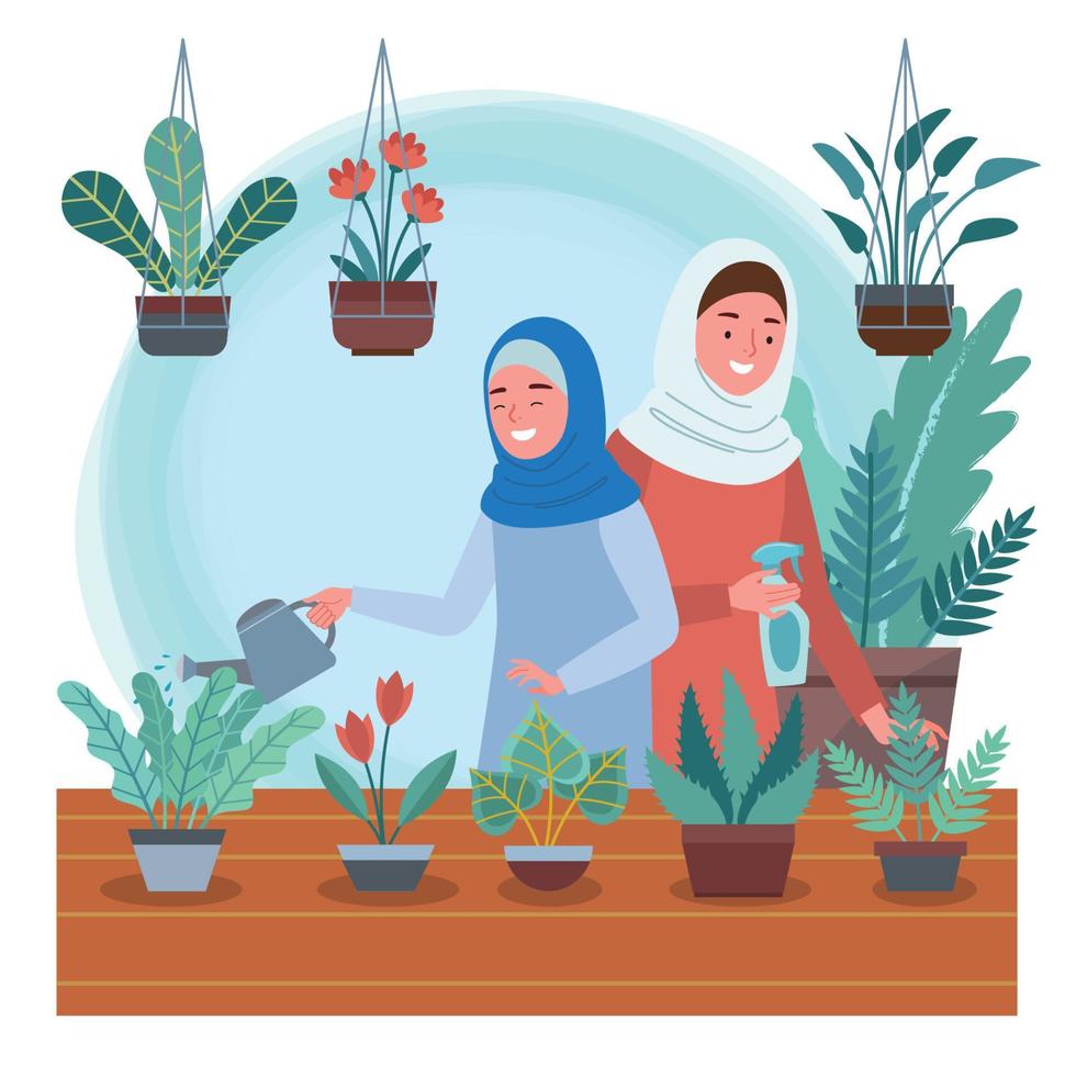 Mutter und Tochter Muslim Gartenarbeit zusammen vektor