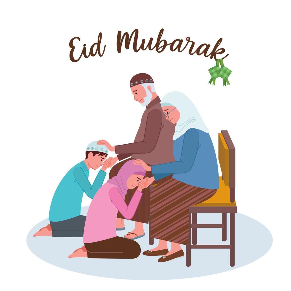 en muslim flicka och pojke är knästående och kissing deras farföräldrar hand på eid al-fitr. vektor