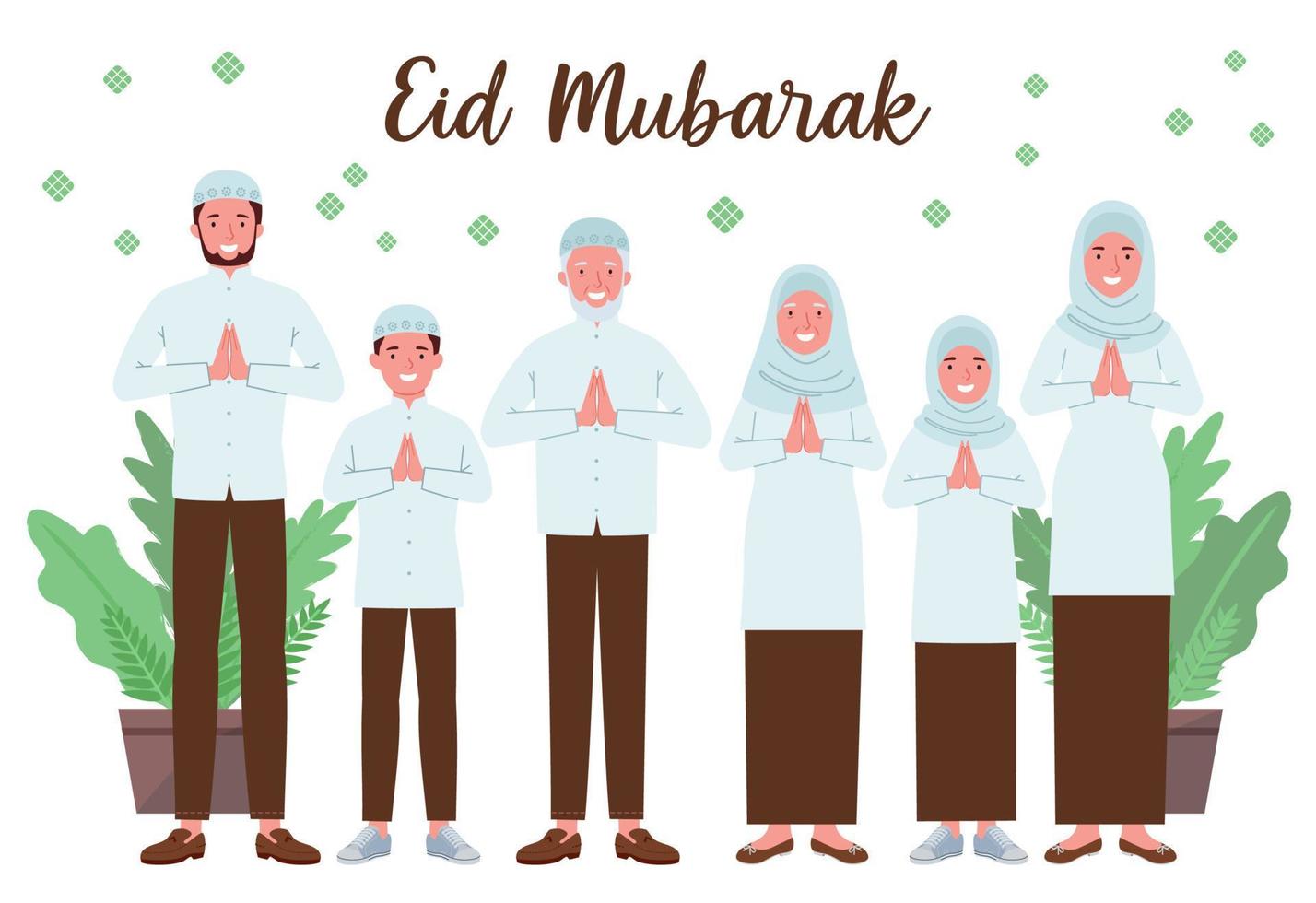 muslim familjer bestående av farfar, mormor, föräldrar och deras barn, önskar du en Lycklig eid mubarak. vektor
