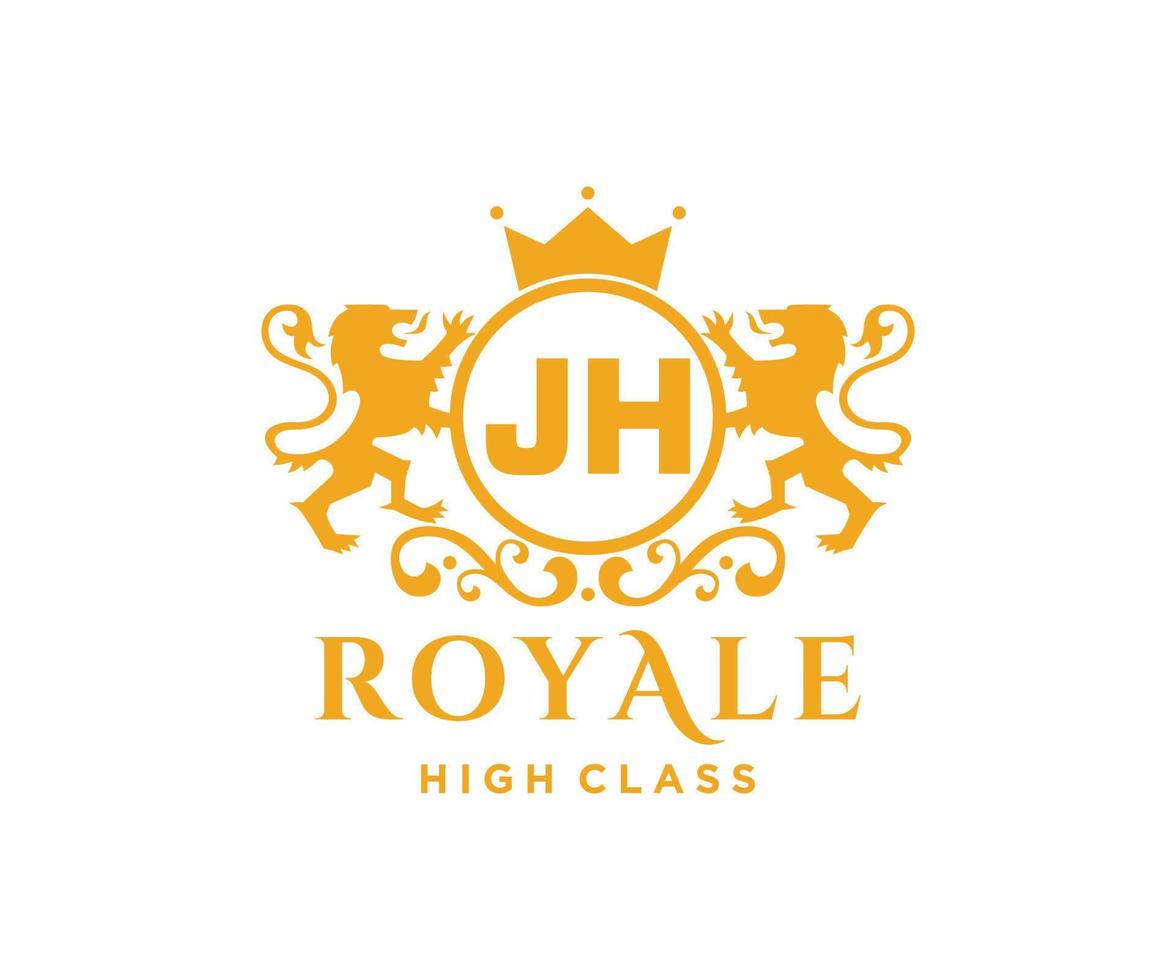 gyllene brev J H mall logotyp lyx guld brev med krona. monogram alfabet . skön kunglig initialer brev. vektor