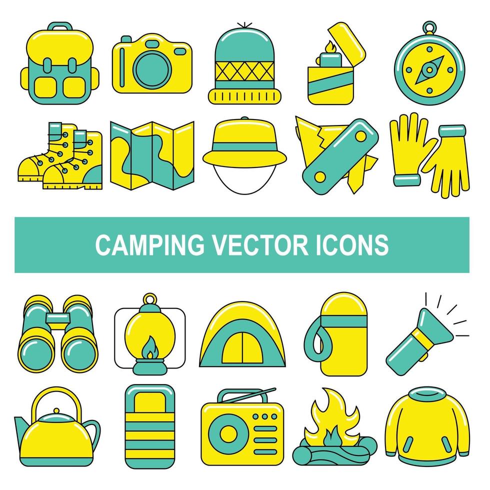 camping vektor ikoner i fylld kontur design stil.