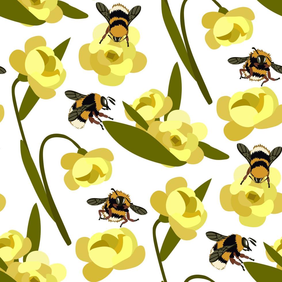 en mönster av realistisk bin och humlor med gul blommor på en vit bakgrund. ljus mönster med insekter. bi dag. lämplig för utskrift på textilier och papper. gåva förpackning vektor