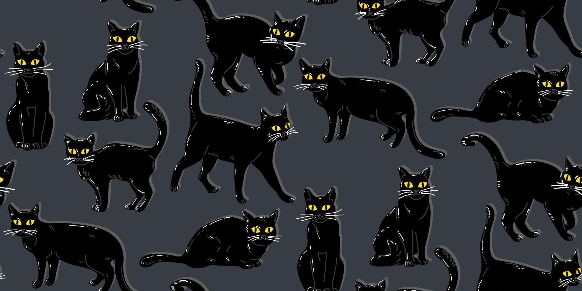 sömlös mönster terar en halloween svart katt med gul ögon. en platt tecknad serie katt i retro stil är Sammanträde, stående. ett arg, missnöjd, rynkar djur. svart katter på blå. skriva ut vektor